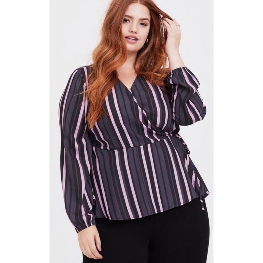 Torrid Crepe Surplice Pink & Grey Striped Wrap Blouse Size 2X